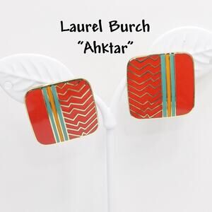Laurel Burch Ahktar Earrings Red Teal Enamel Gold Cloisonné 1980s Vintage